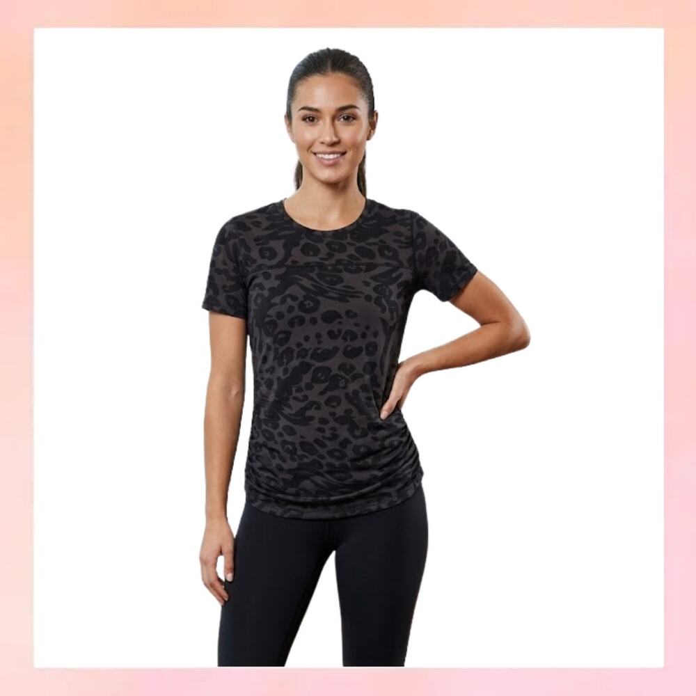 DKNY Sport Black Leopard Print Ruched Side Performance Tee